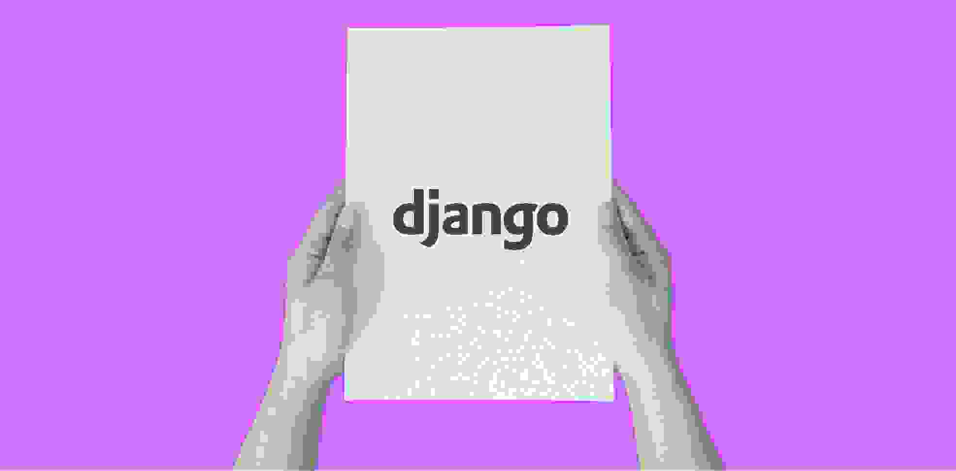 hands holding a sheet of paper with word Django on purple background