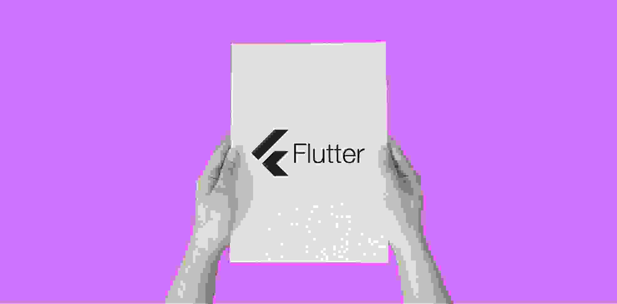 hands holding a sheet of paper with a word Flutter, on a purple background