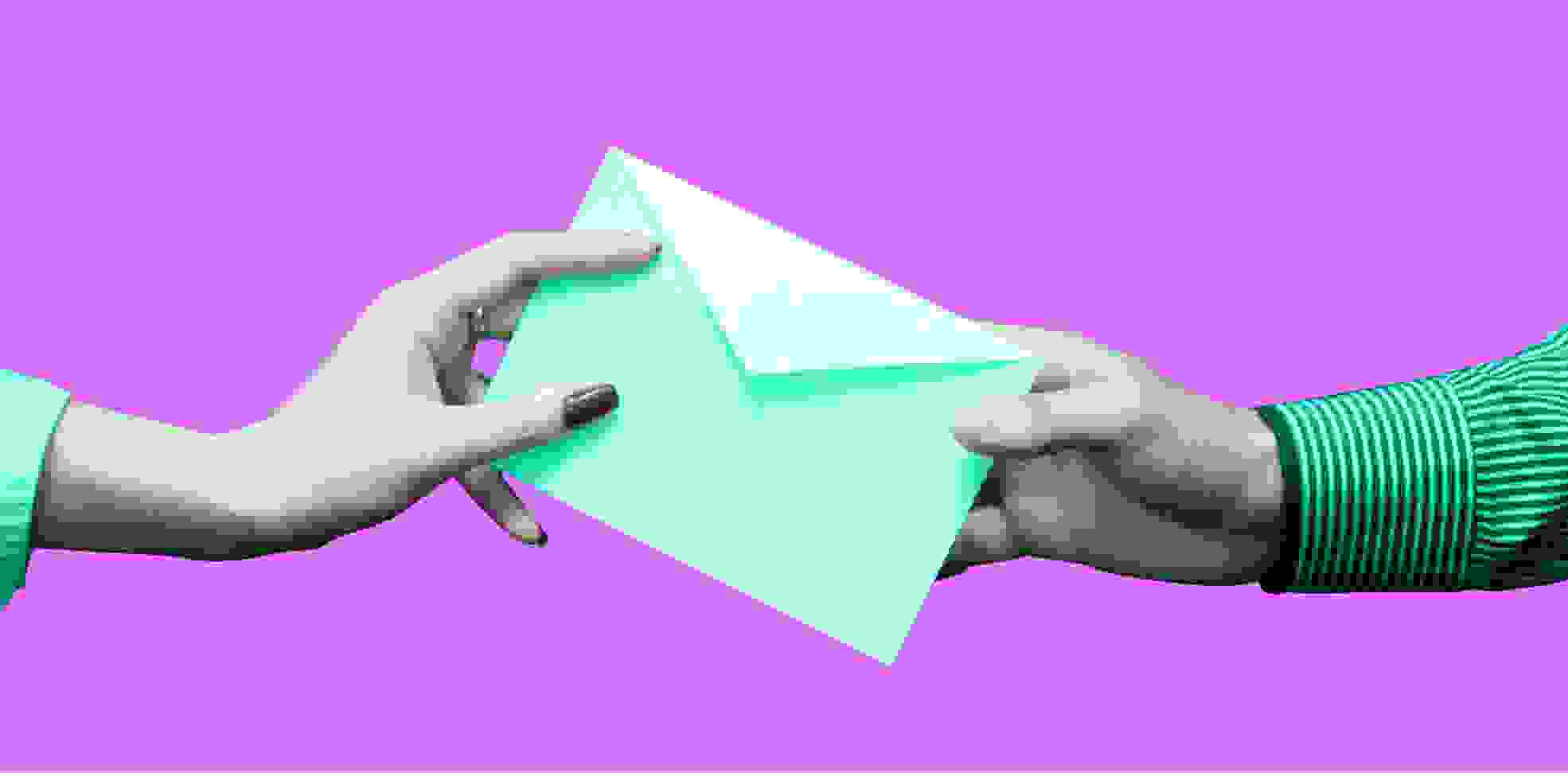 an envelope is passed from hand to hand