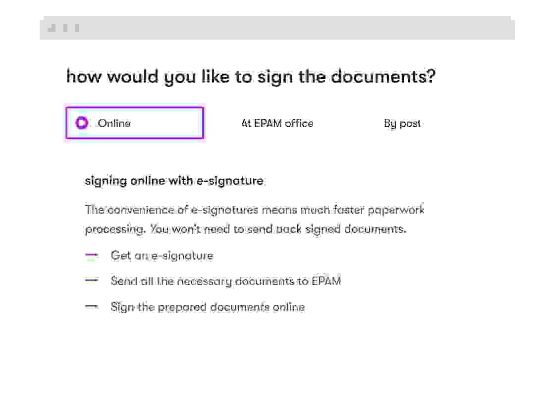 A screen that illustrates options for signing the documents right at EPAM Anywhere platform