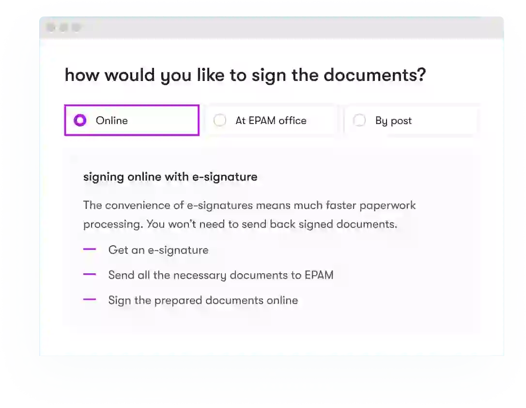 A screen that illustrates options for signing the documents right at EPAM Anywhere platform