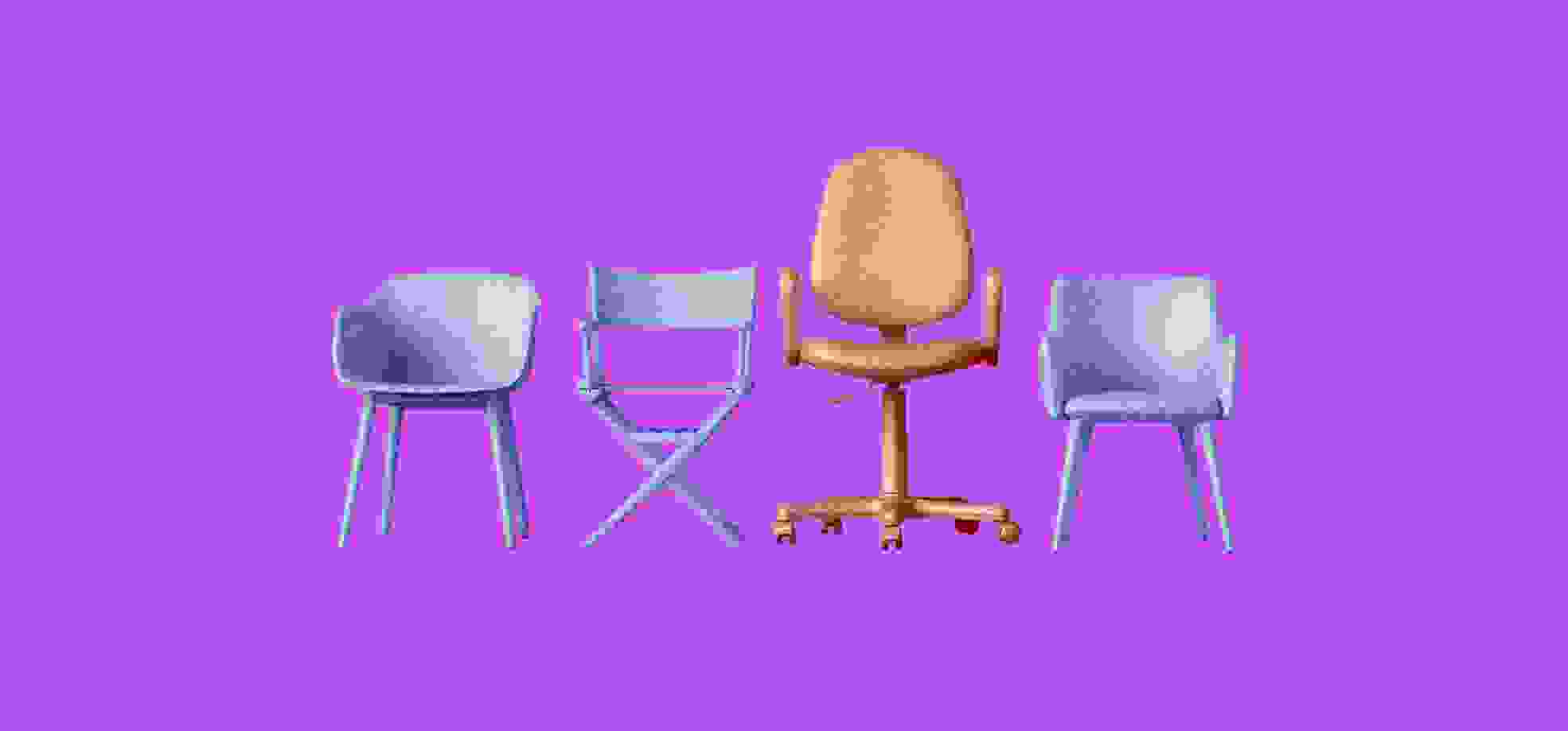 ilustración de 4 sillas de oficina sobre un fondo morado