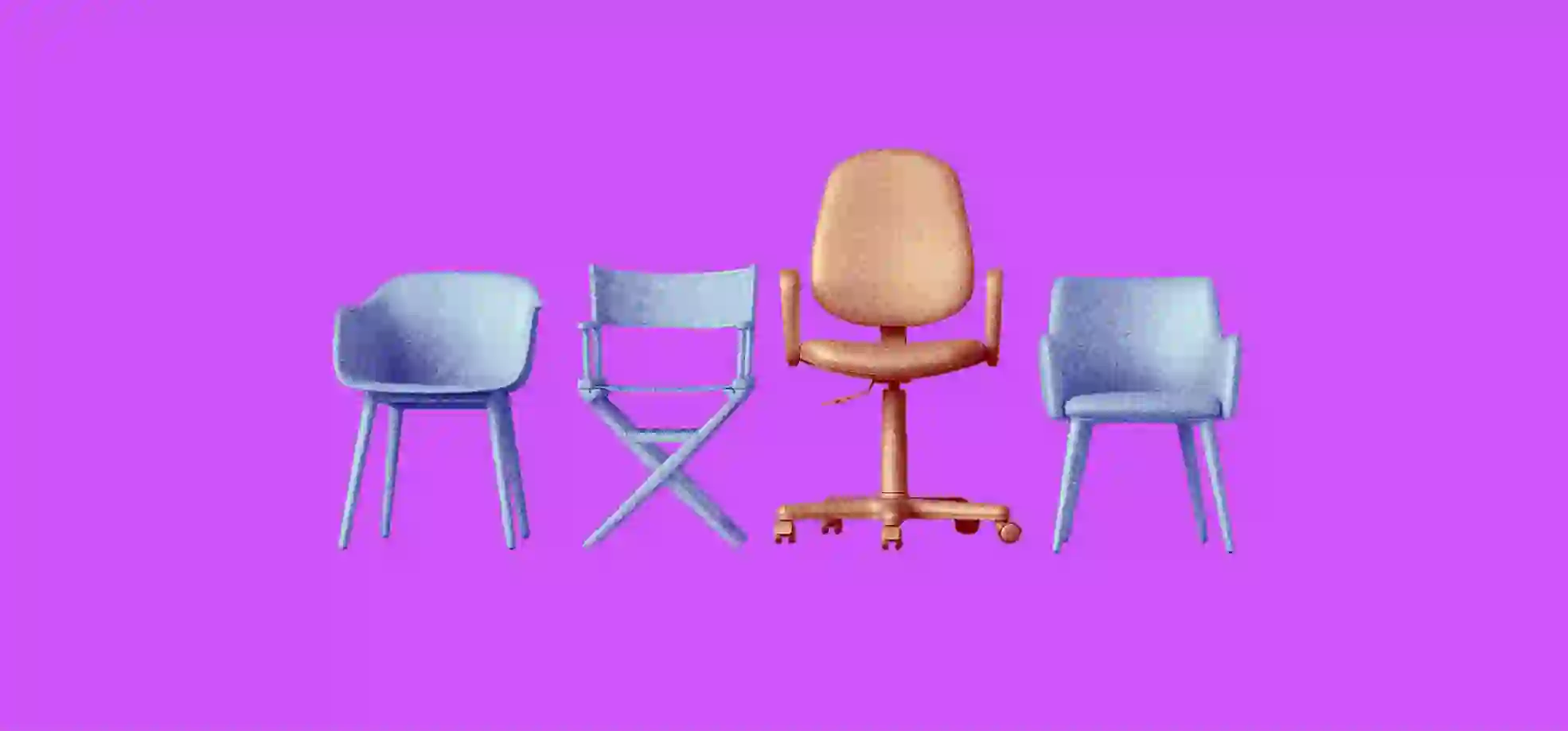 ilustración de 4 sillas de oficina sobre un fondo morado