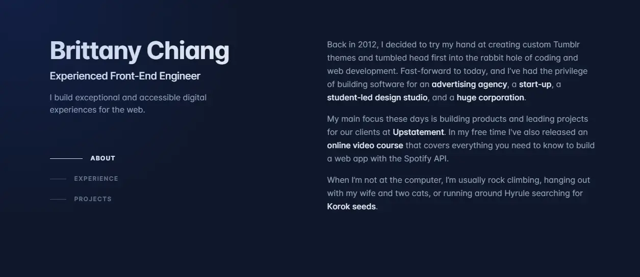 Portafolio de Brittany Chiang destacado como el mejor portafolio de desarrollador front-end