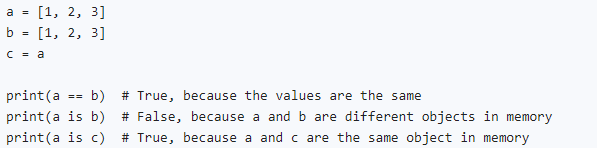 Example of the difference between `==` and `is` in Python