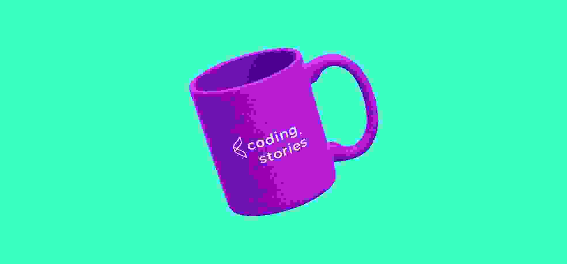 a purple mug illustration with the Coding stories logo 