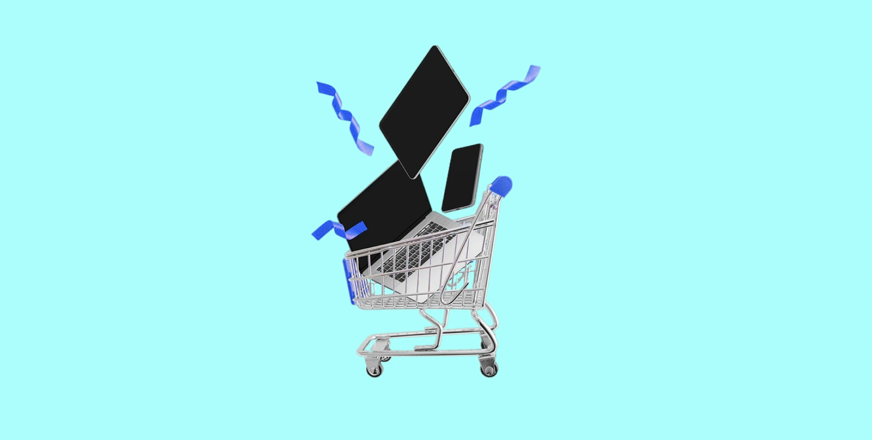 a laptop, a tablet, a phone fall into shopping cart