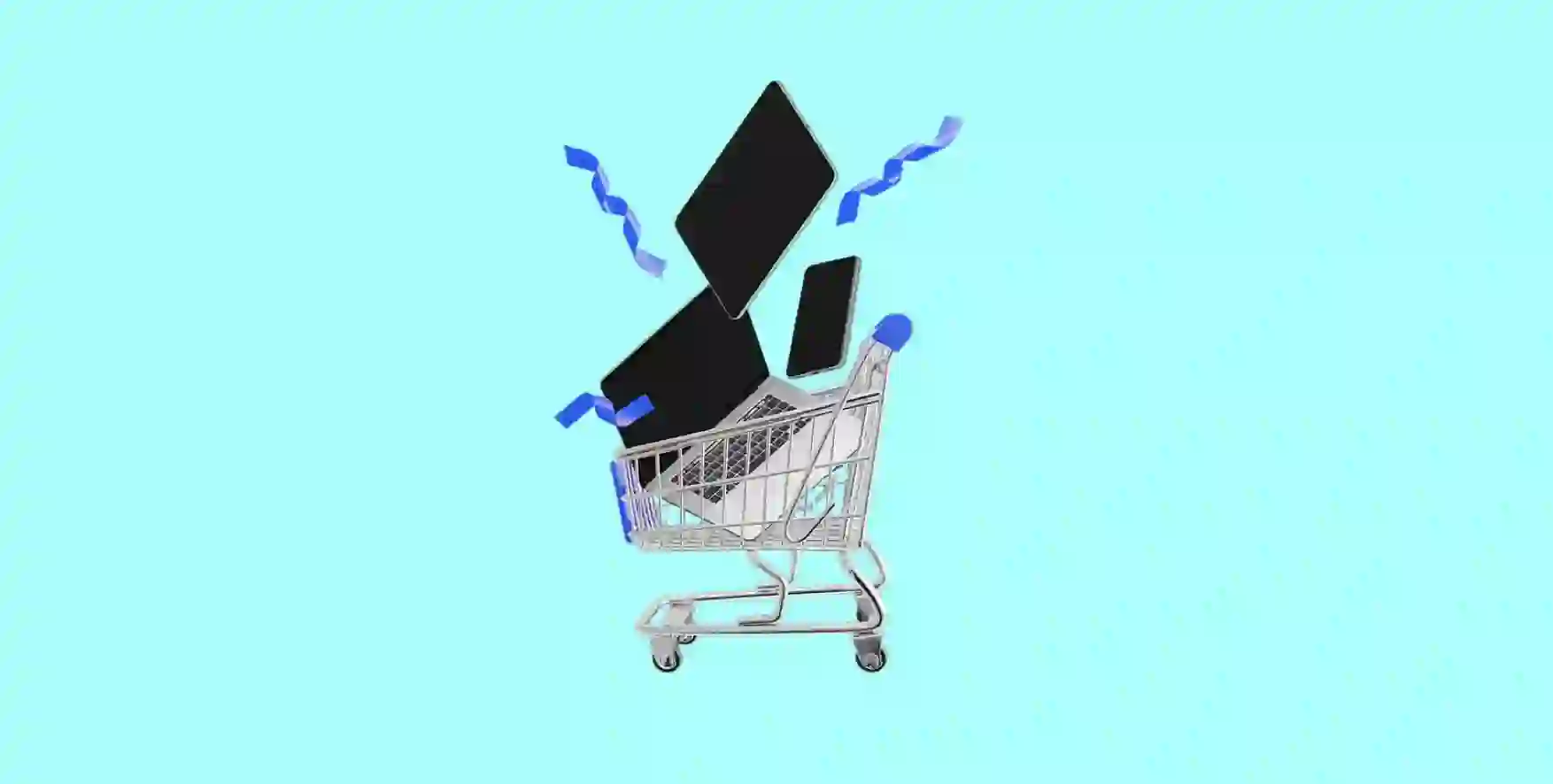 a laptop, a tablet, a phone fall into shopping cart