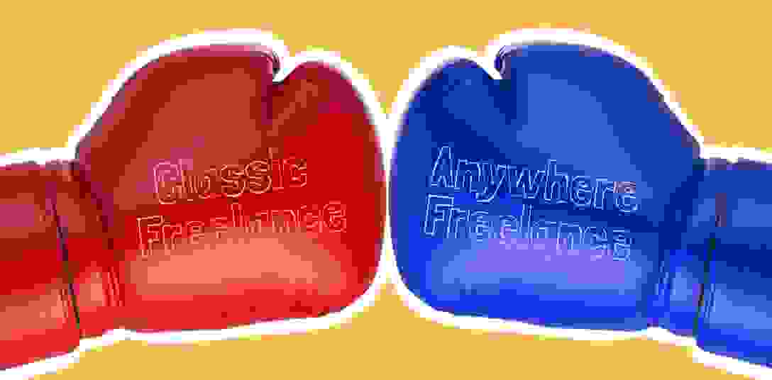 A red boxing glove reading classic freelance and a blue boxing glove reading Anywhere Freelance