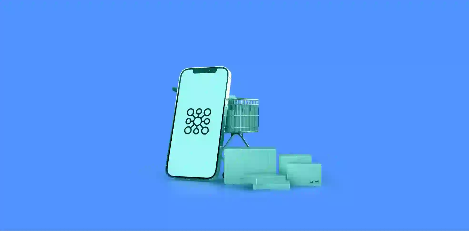 phone and shopping cart on blue background