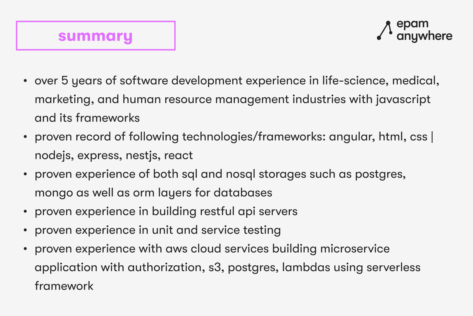 React JS developer resume example: summary