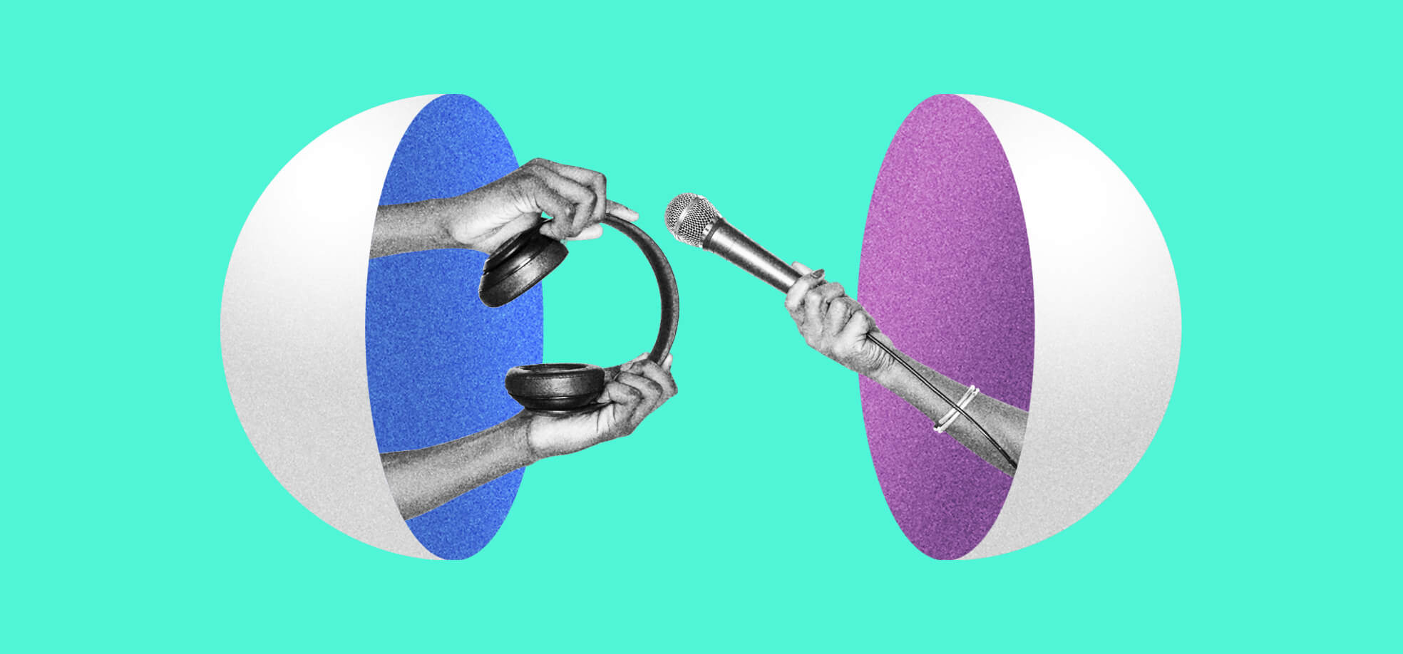 Hands with audio devices from half spheres illustration