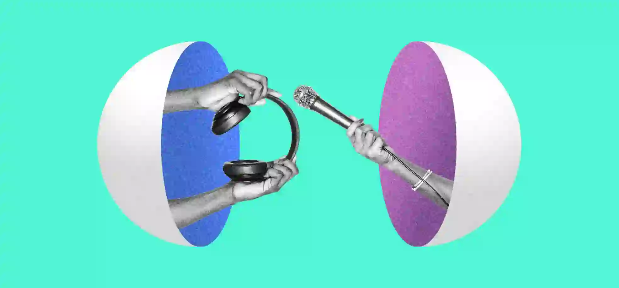 Hands with audio devices from half spheres illustration