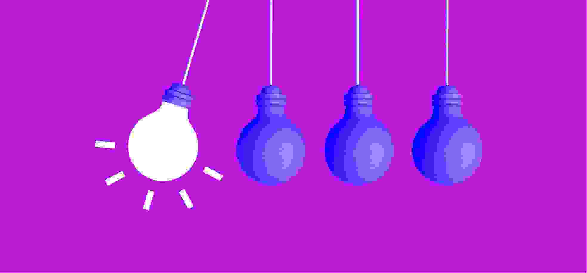 four blue light bulbs illustration on a purple background