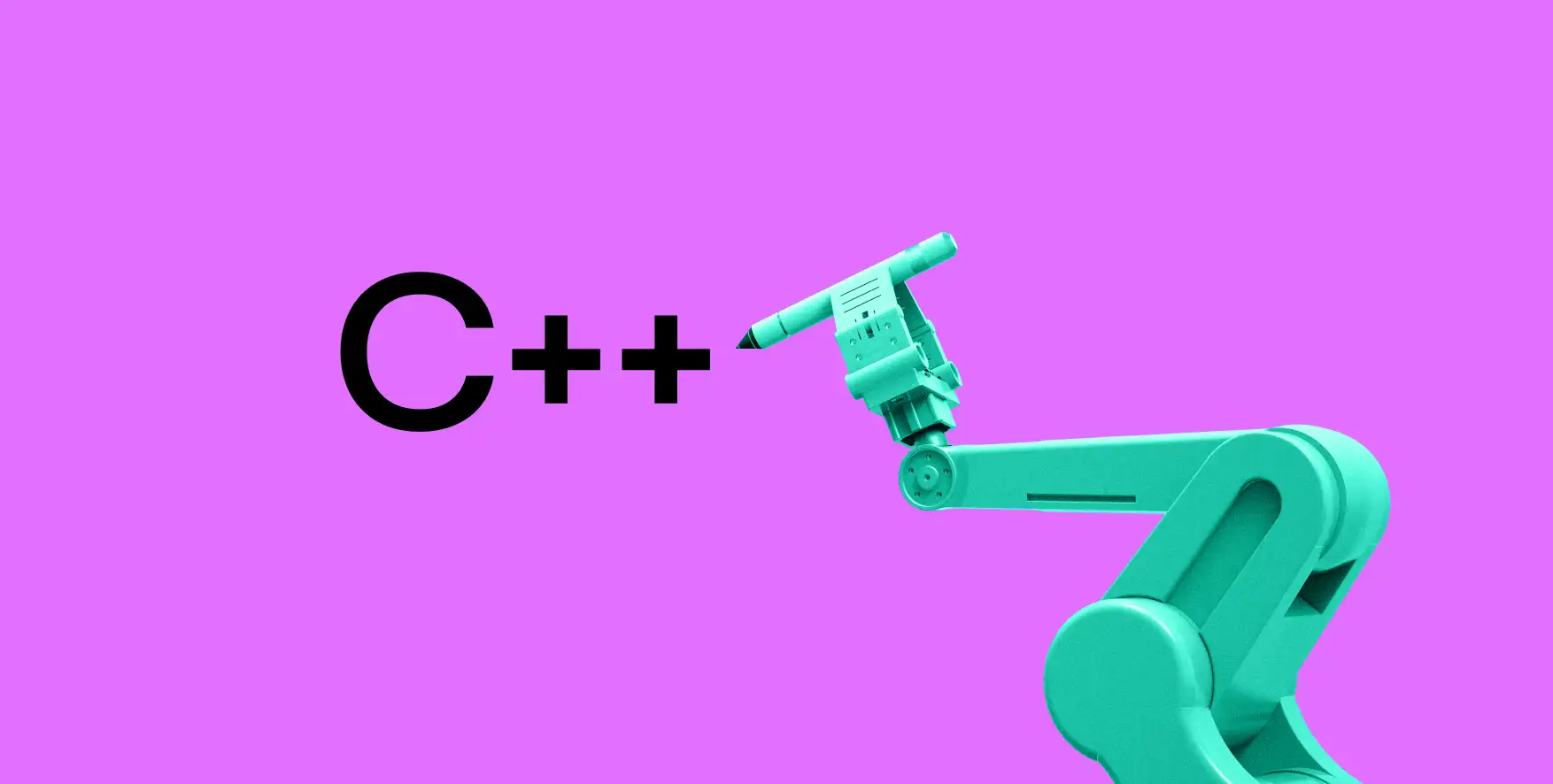 robotic arm writes C++ on purple background