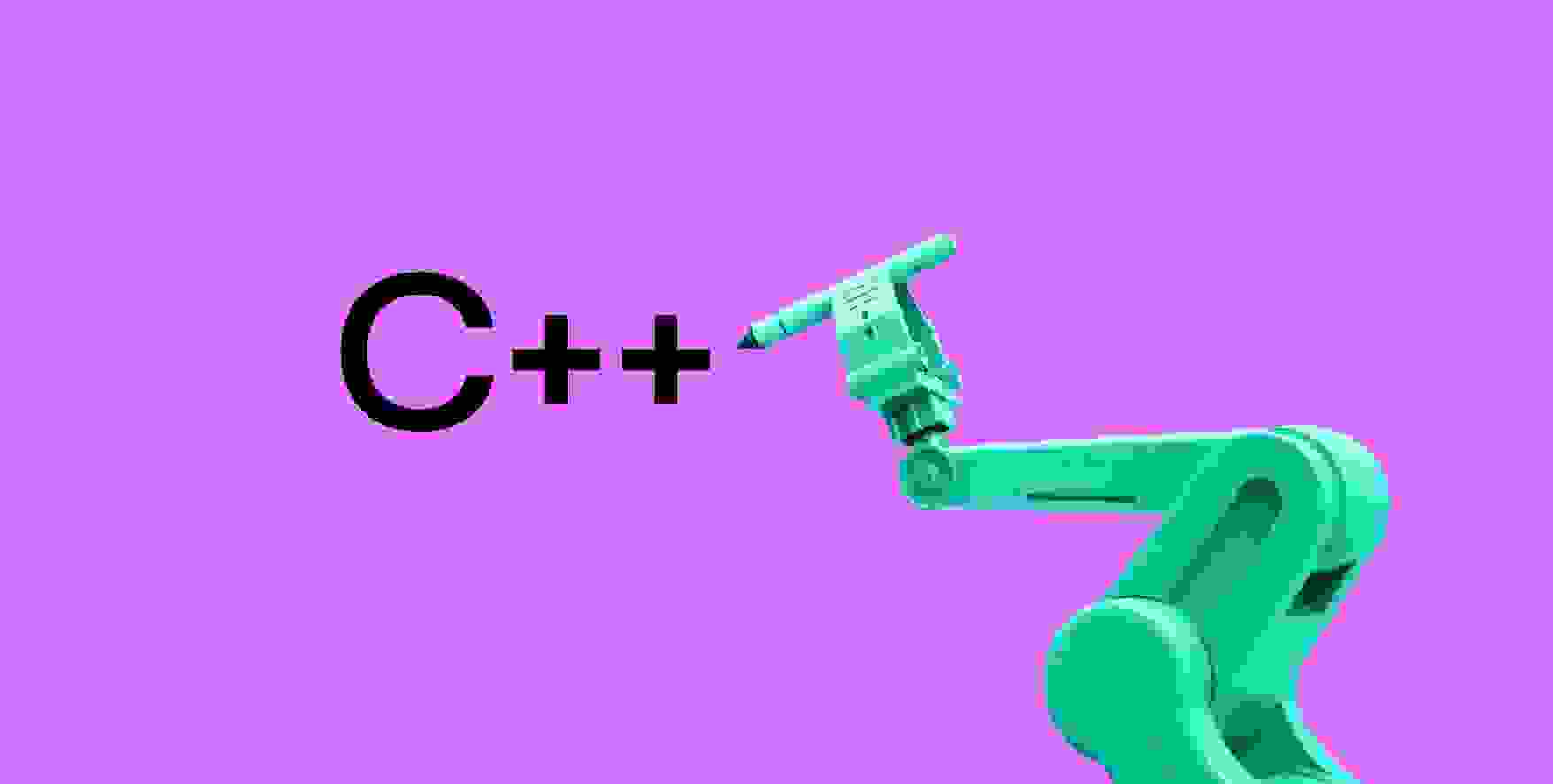 robotic arm writes C++ on purple background