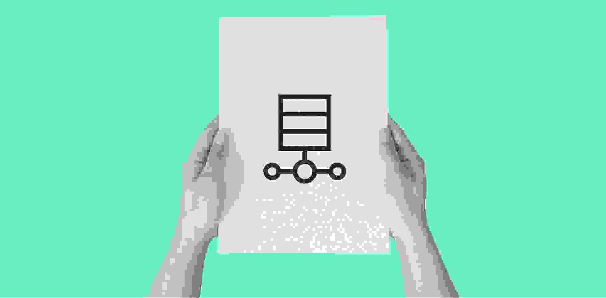 hands holding a sheet of paper with a data storage icon, on a green background