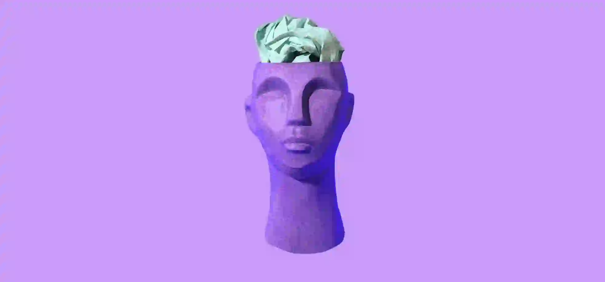 a head with crumpled paper inside on a purple background