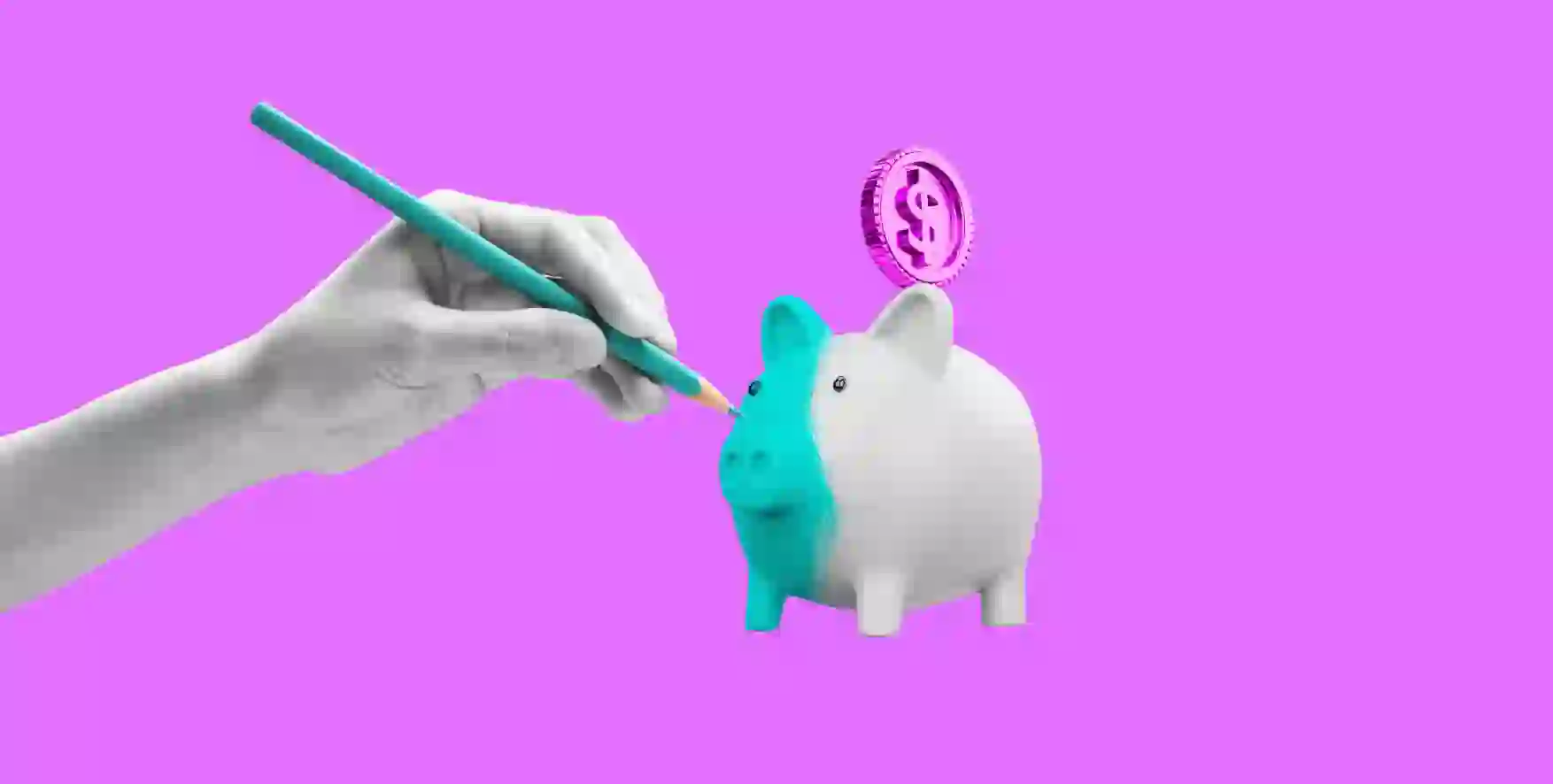 the piggy bank is painted with a pencil in a different color