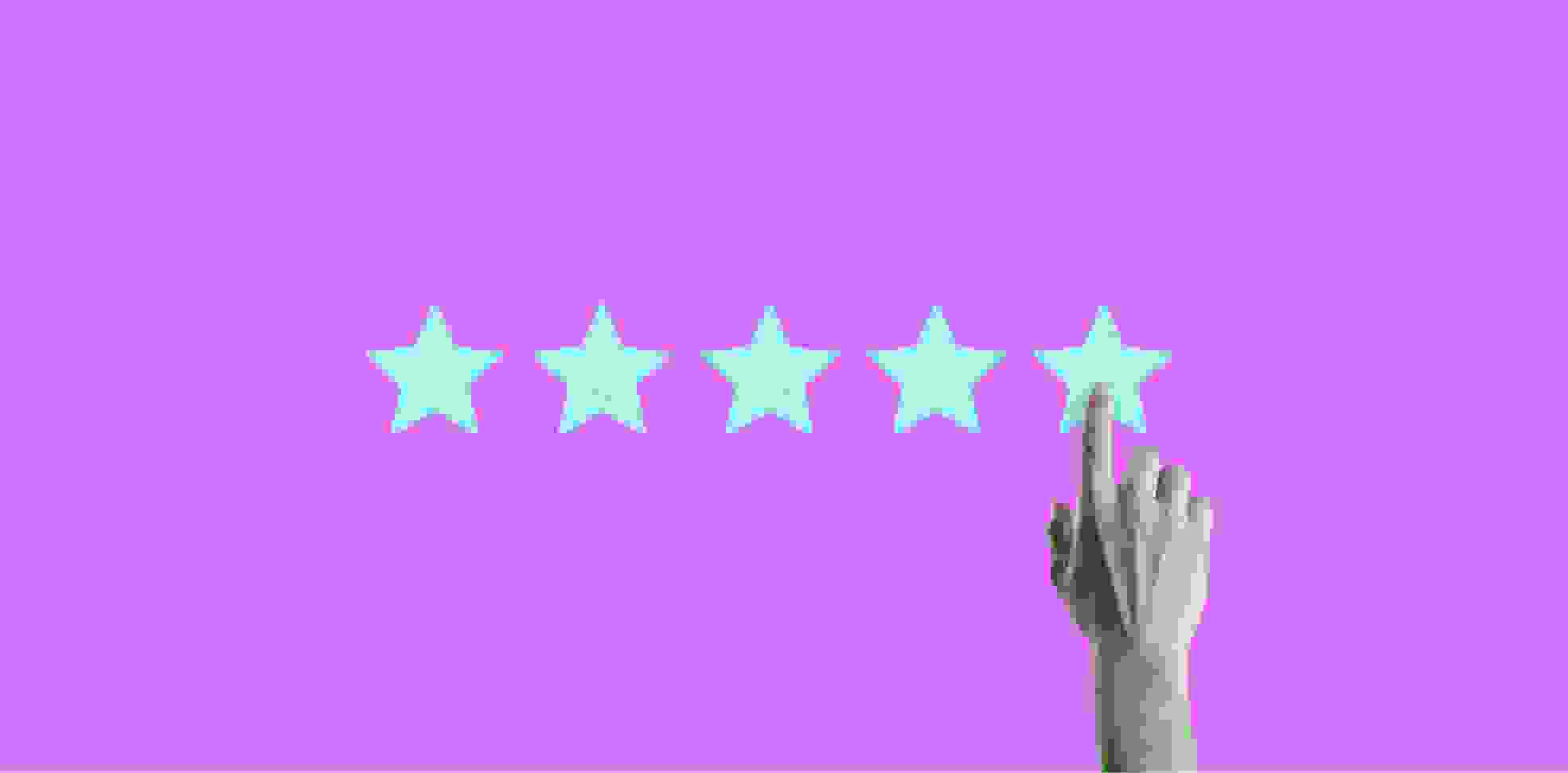 5 stars and a hand on purple background