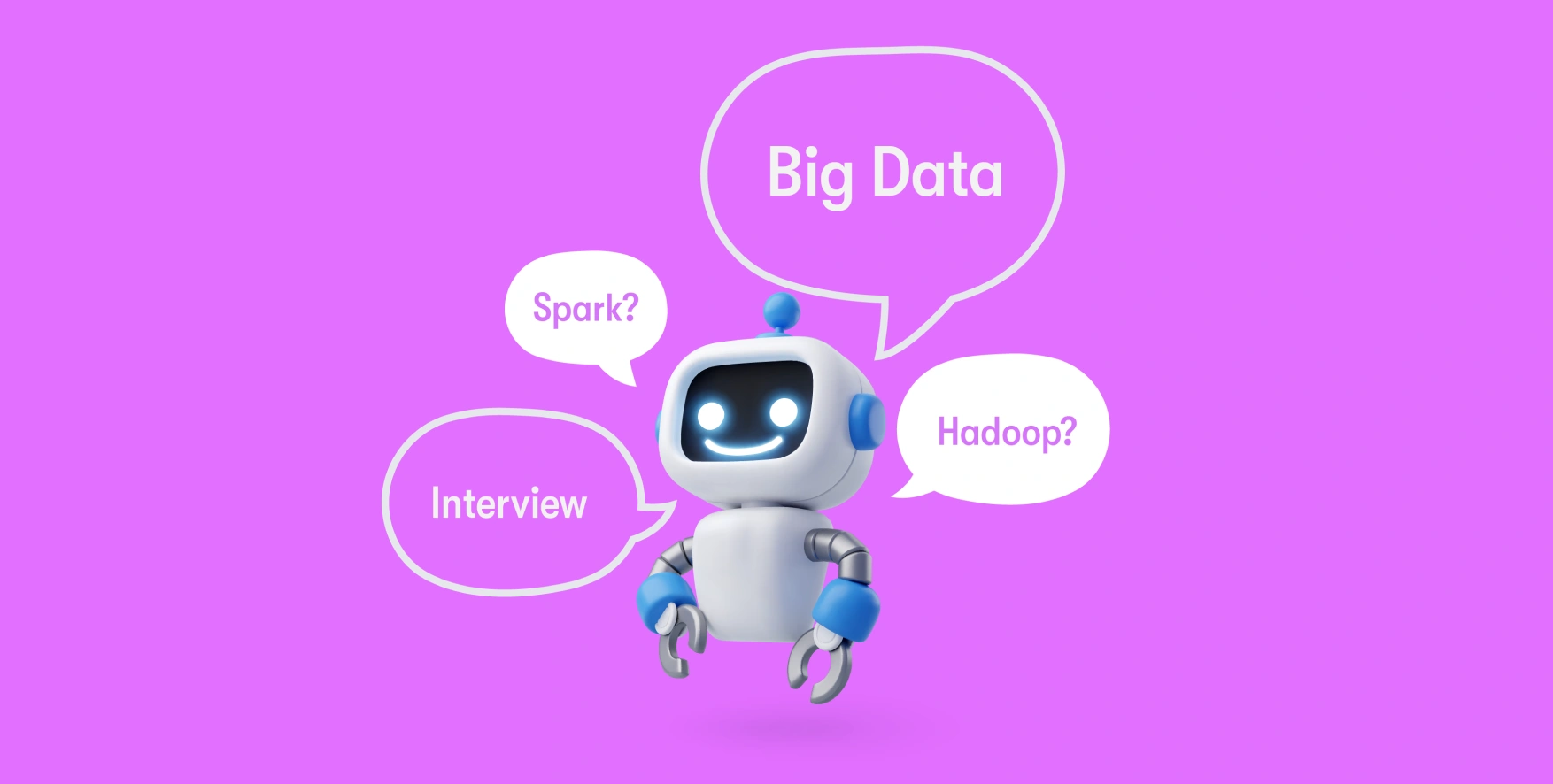speech bubbles with words interview, big data, Hadoop, Spark, around the robot