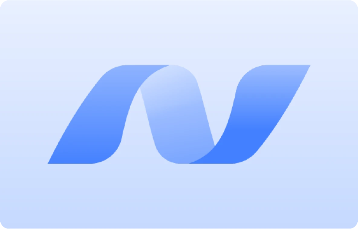 The image shows a large blue stylized letter "N" centered on a gradient blue background.
