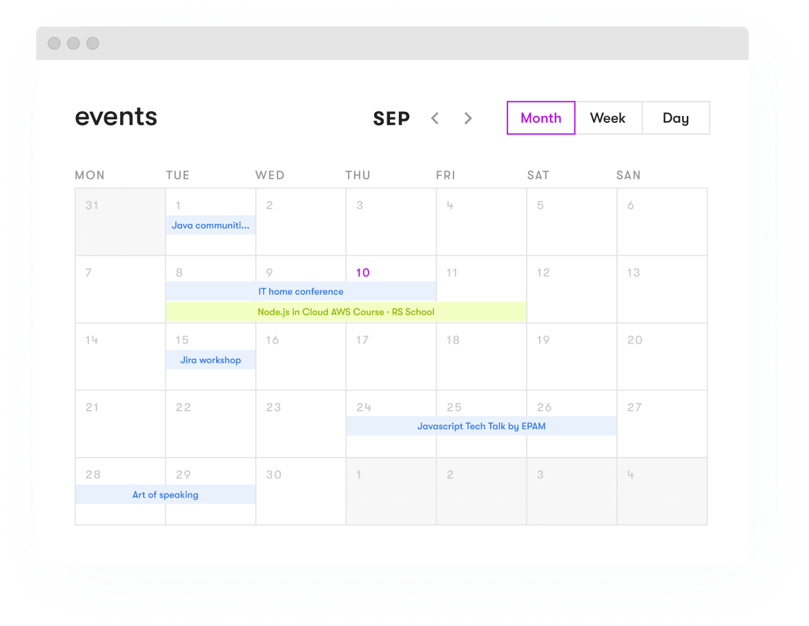 Events calendar for software engineers, business analysts, designers, and other IT specialists