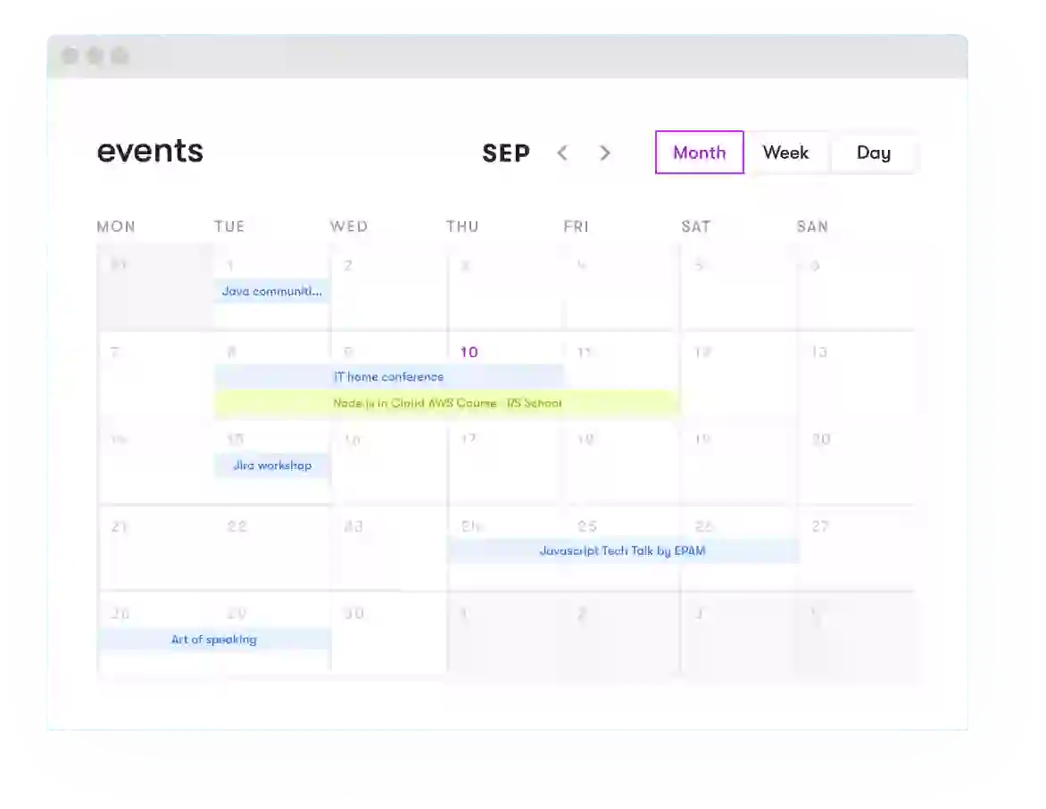 Events calendar for software engineers, business analysts, designers, and other IT specialists