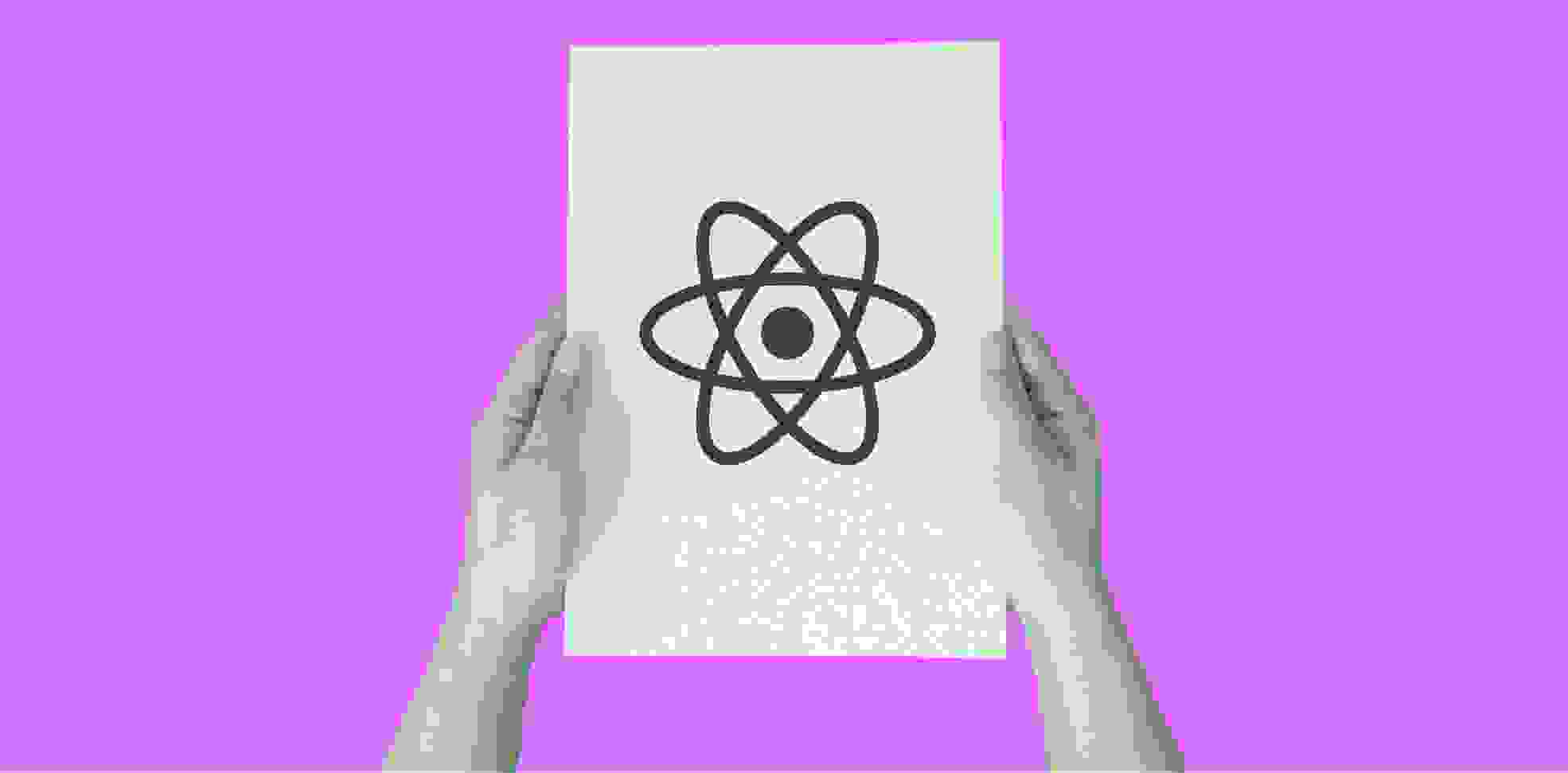 manos sosteniendo una hoja de papel con el logotipo de React JS sobre un fondo morado