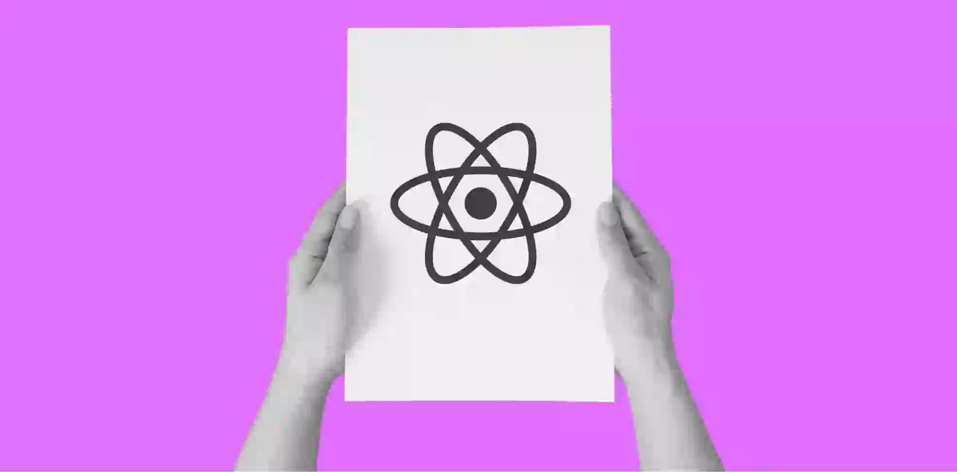hands holding a sheet of paper with a React JS logo on a purple background