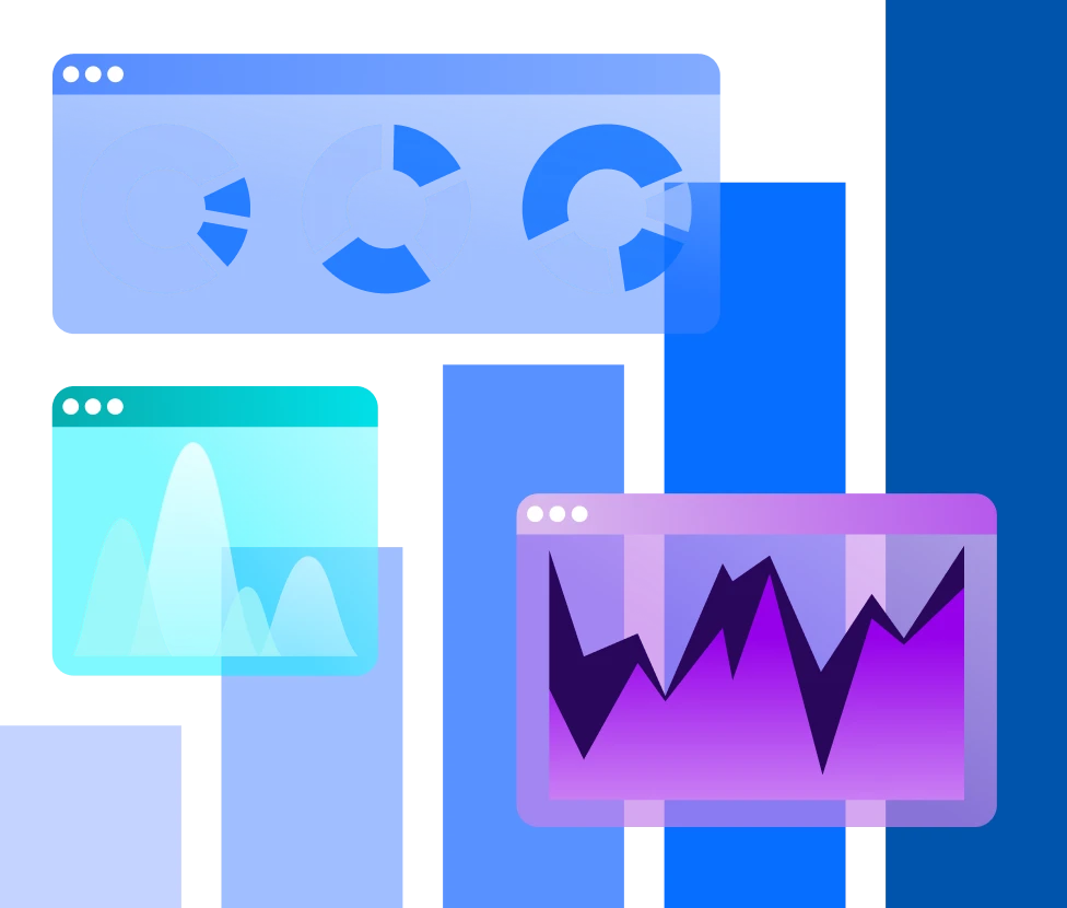 A stylized collection of floating analytics dashboard panels featuring various types of charts and graphs in shades of blue and purple.