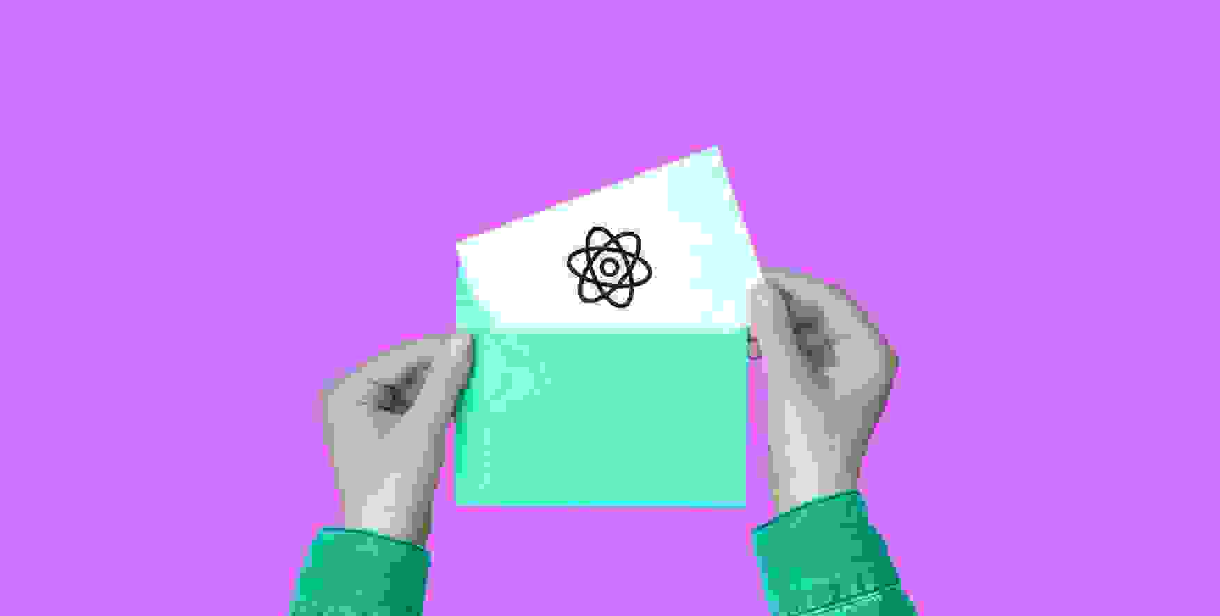 a sheet of paper with a symbol of React JS in an envelope