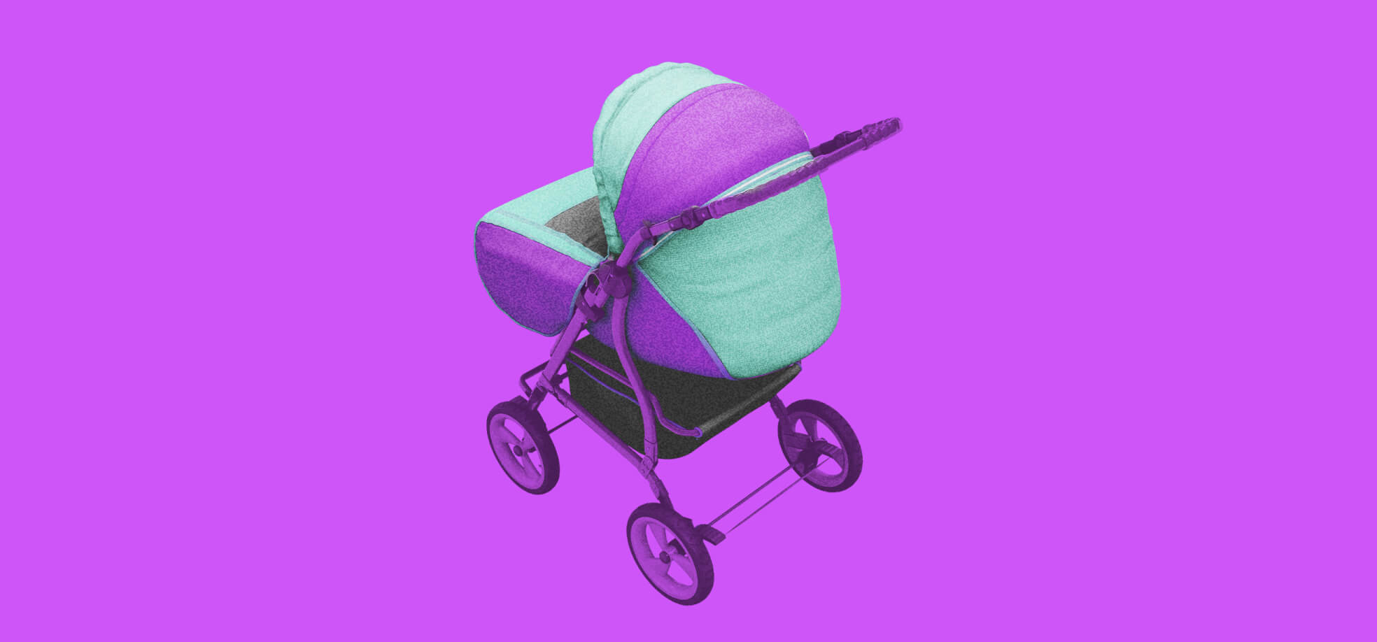 a baby trolley illustration on a purple background