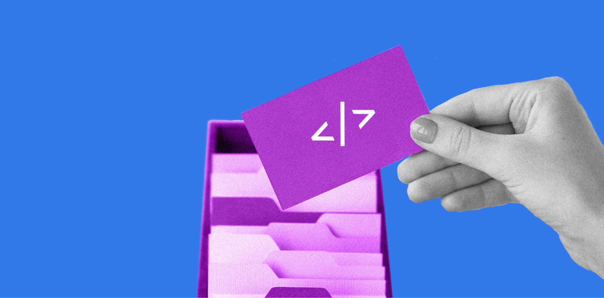 purple card in a hand and a filing cabinet box on blue background