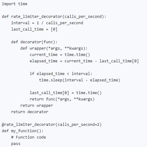 How would you implement a simple rate limiter for a function in Python