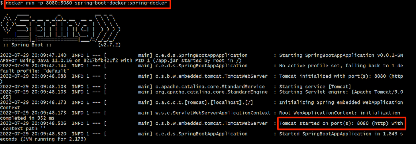 Una captura de pantalla que muestra si un contenedor Spring Boot está en ejecución
