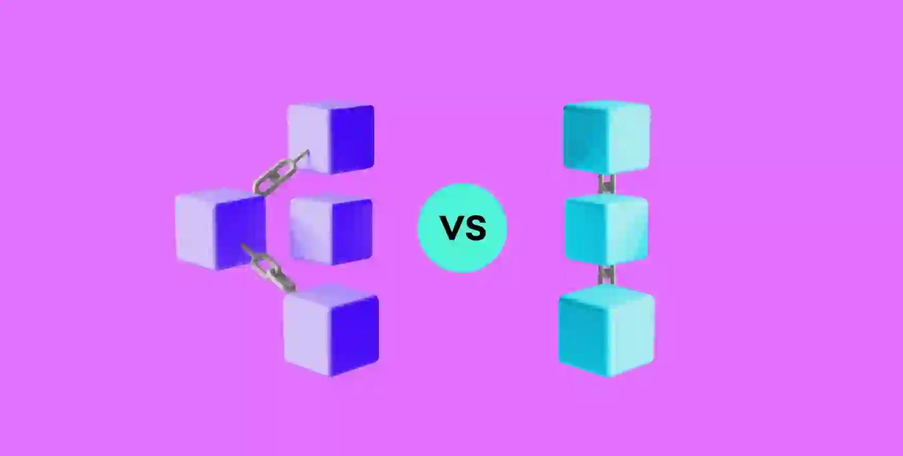 two groups of interconnected cubes as a symbol of rebase vs. merge