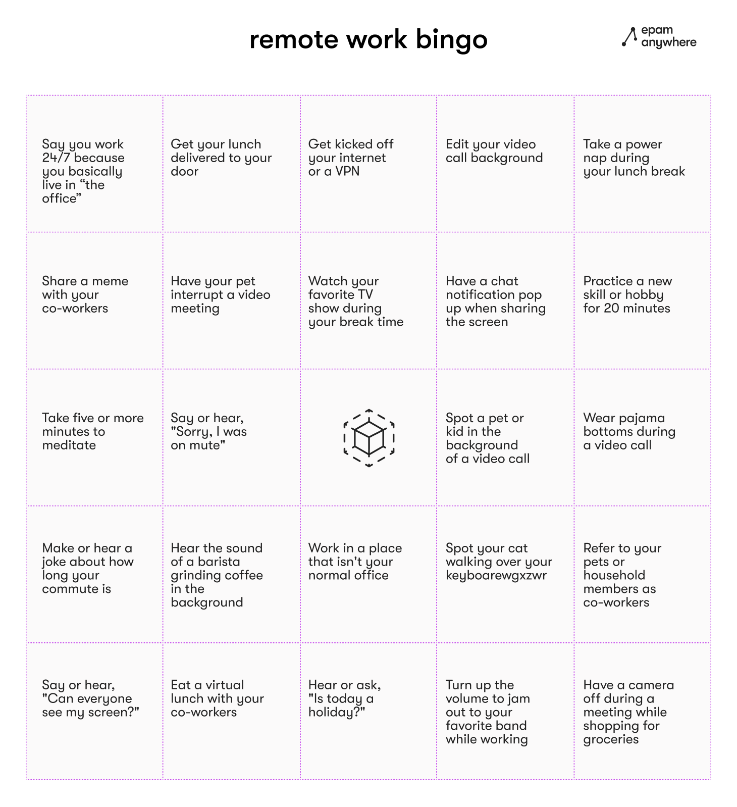 template of remote work bingo game