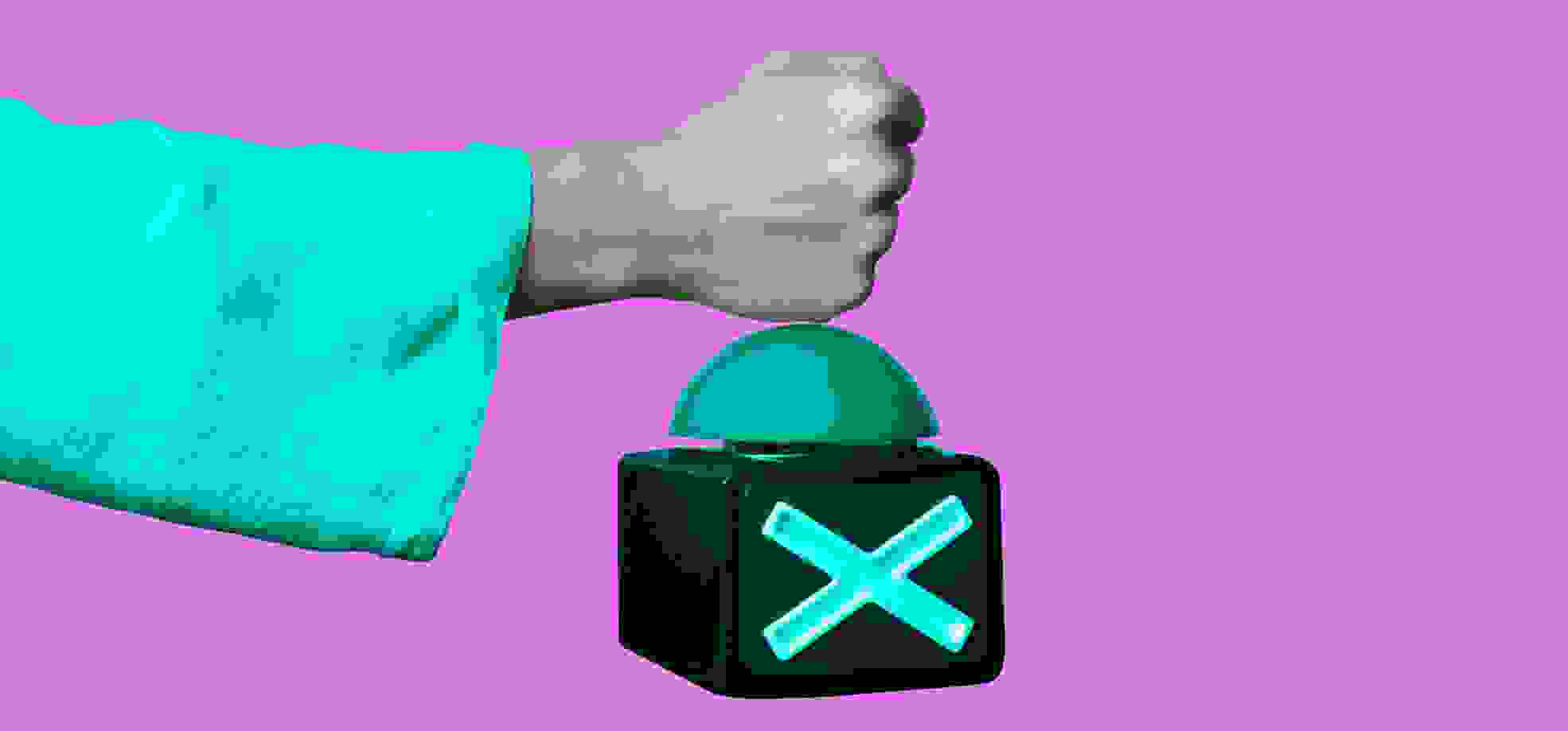 the fist is lowered on the button with the symbol of the cross
