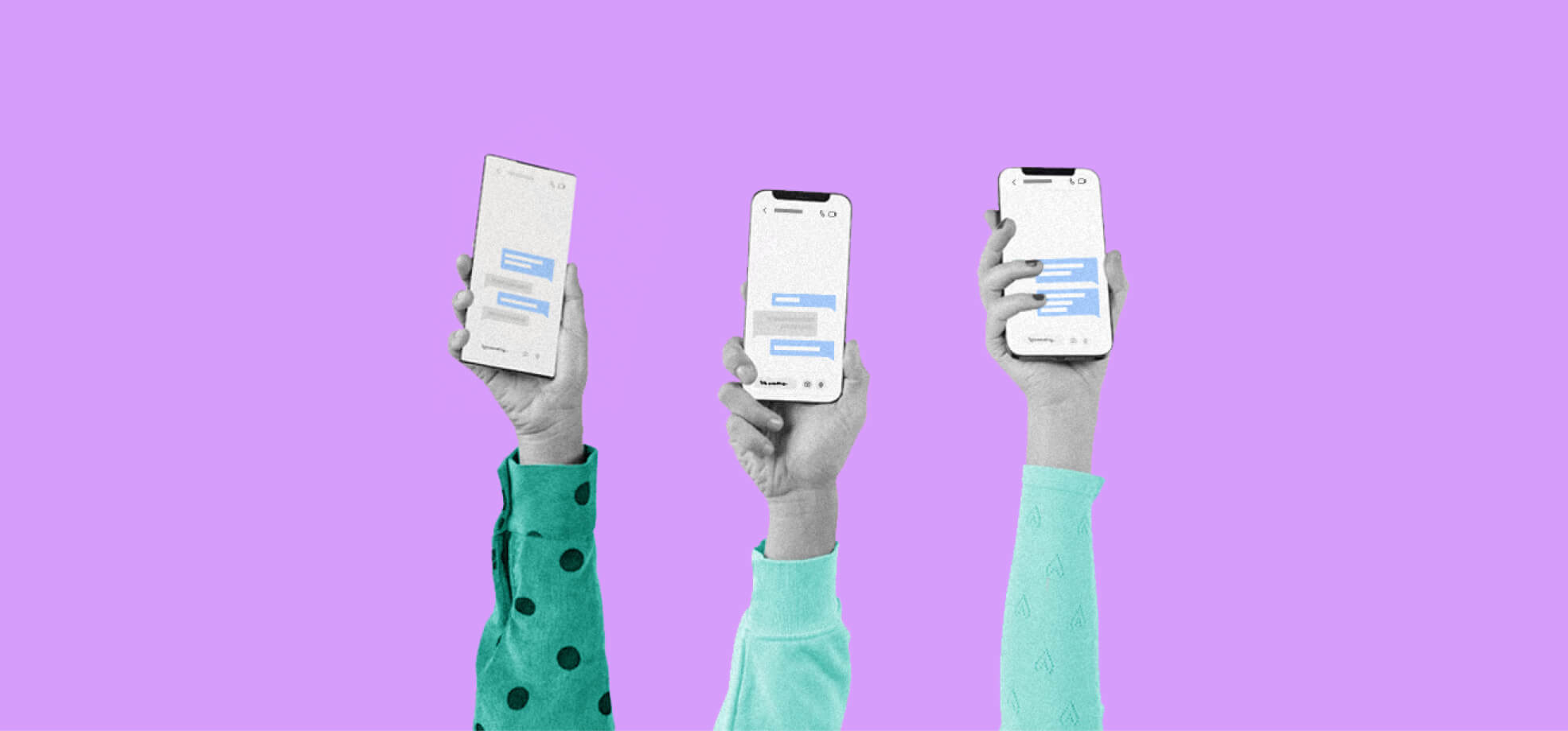 three hands holding mobile phones with messages on the screen