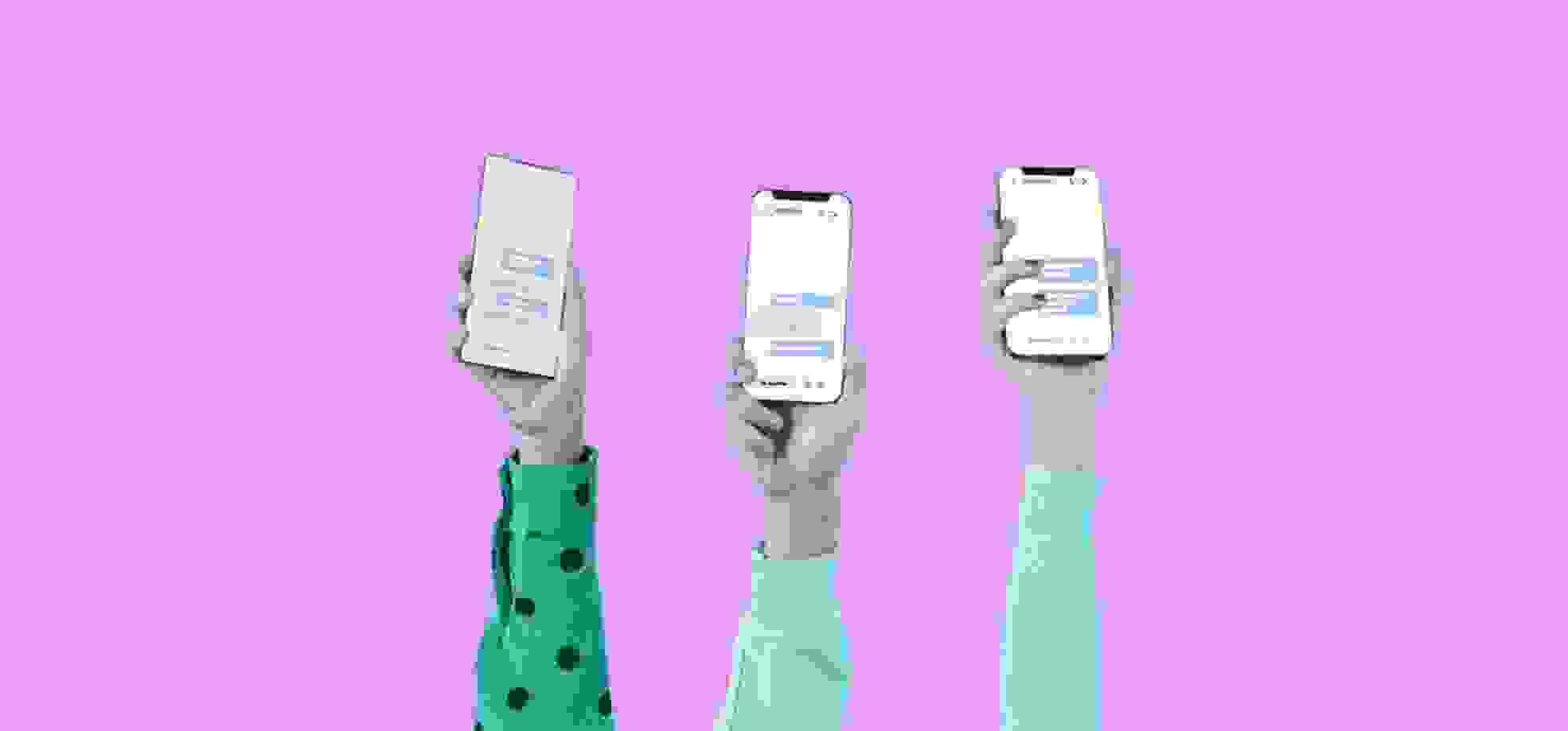 three hands holding mobile phones with messages on the screen