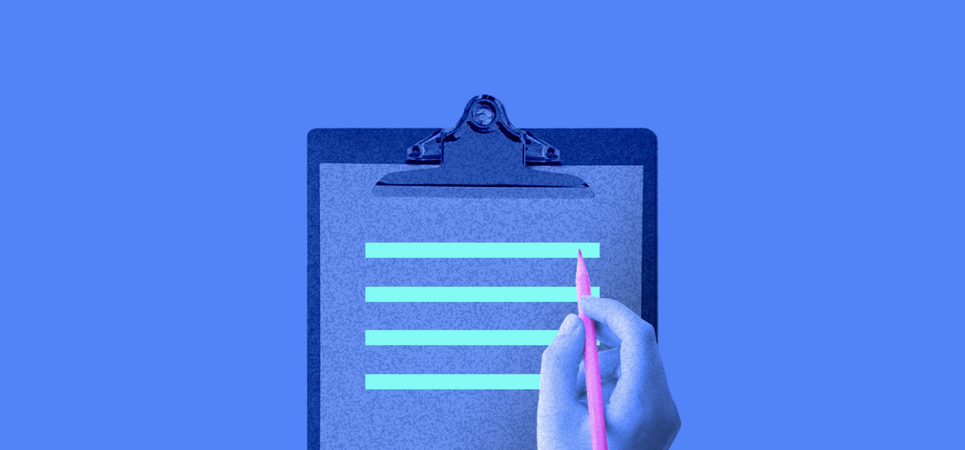 un cuaderno azul con una mano sosteniendo un lápiz
