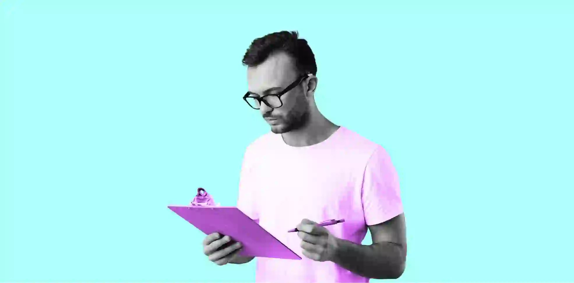 a man with a tablet clipboard and a pen