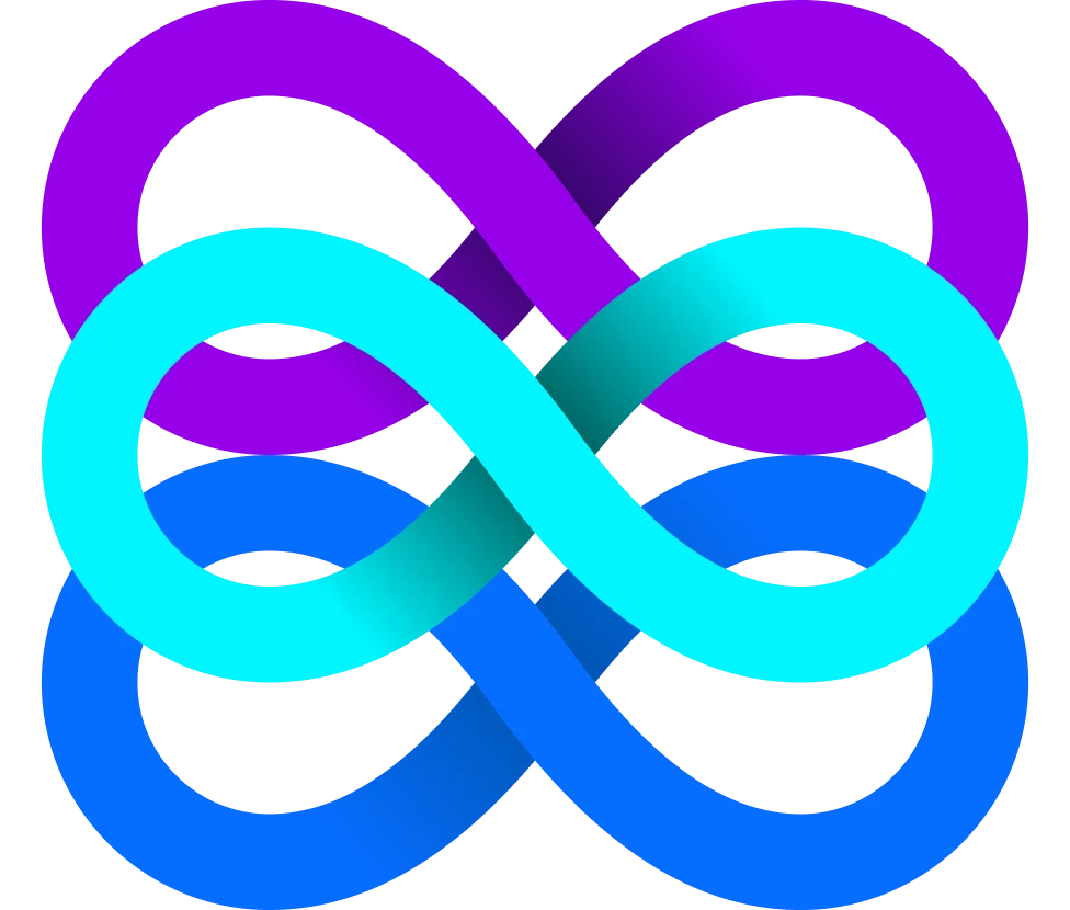 A digital graphic of intertwined infinity symbols in a gradient of blue and purple hues against a black background.