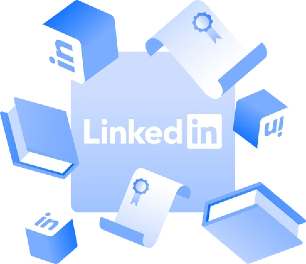 Логотип LinkedIn, окруженный кубиками, книгами и сертификатами.