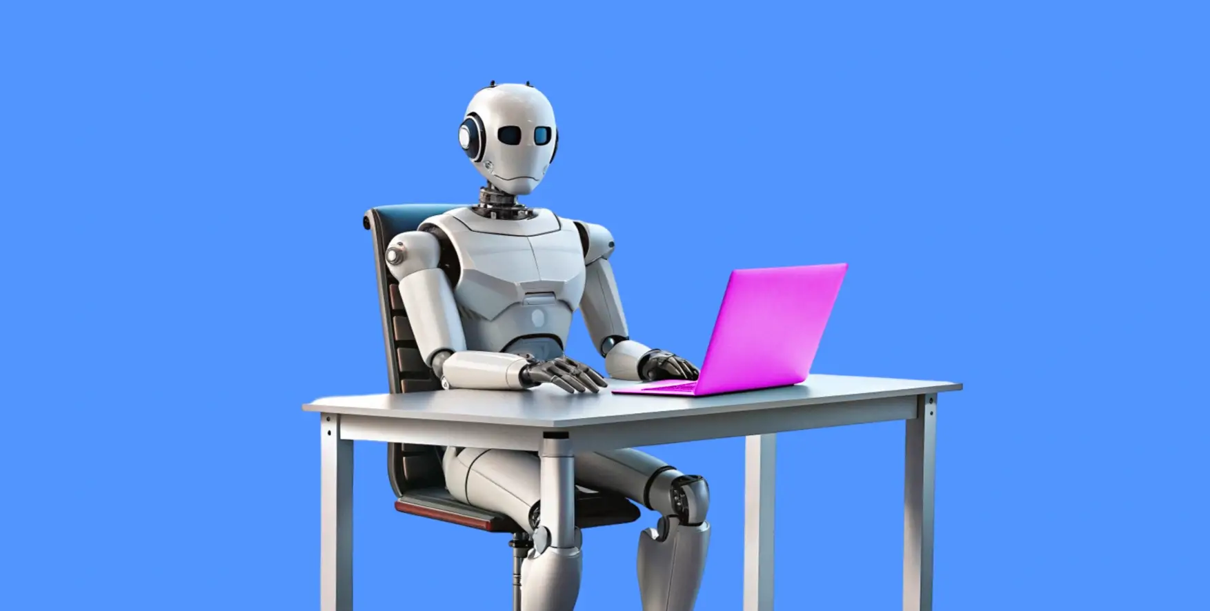 a robot sitting at a computer desk