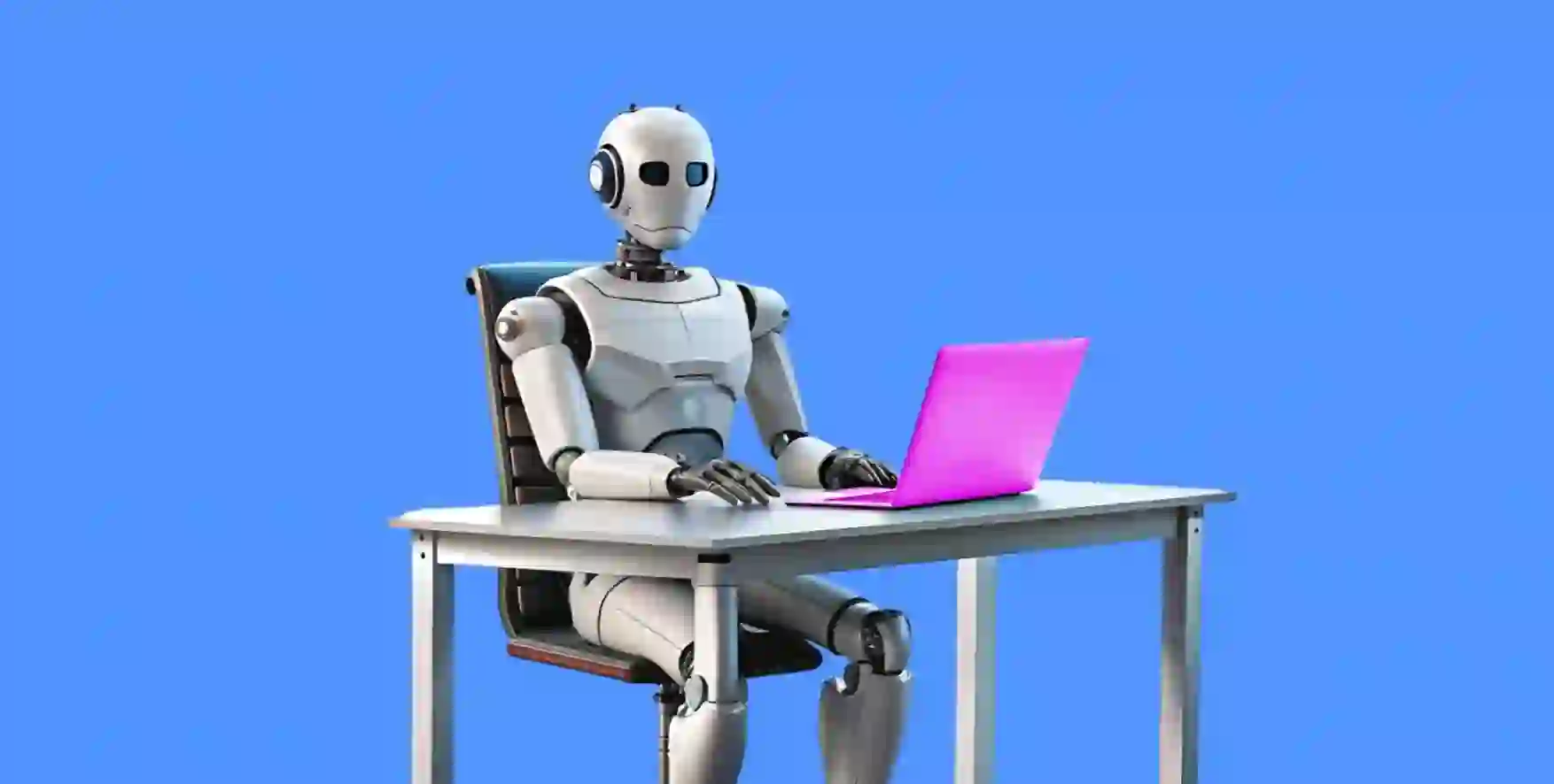 a robot sitting at a computer desk