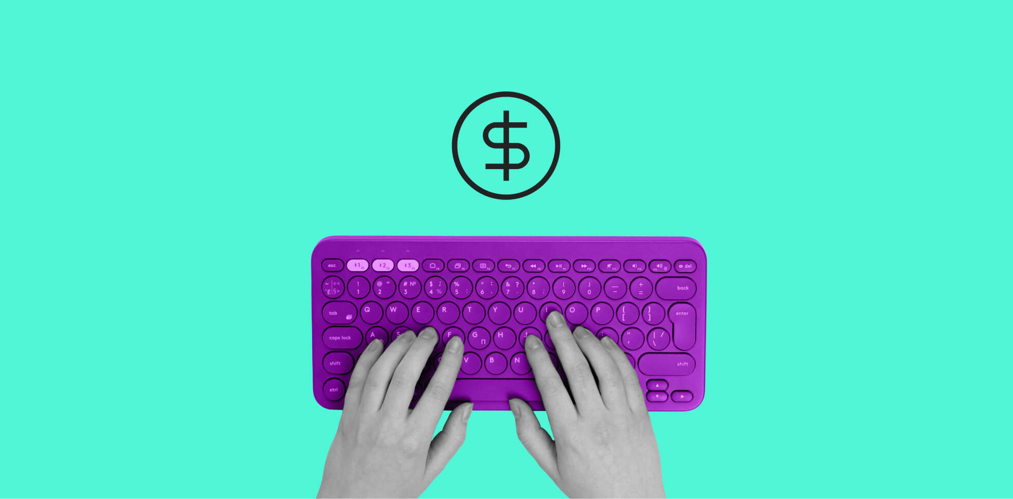 a dollar symbol over a keyboard with hands typing