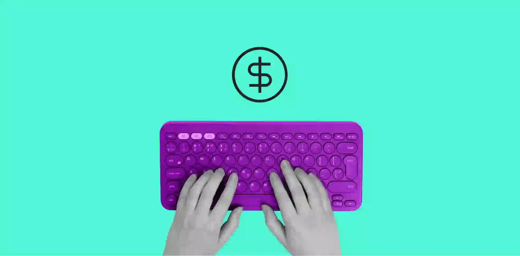 a dollar symbol over a keyboard with hands typing