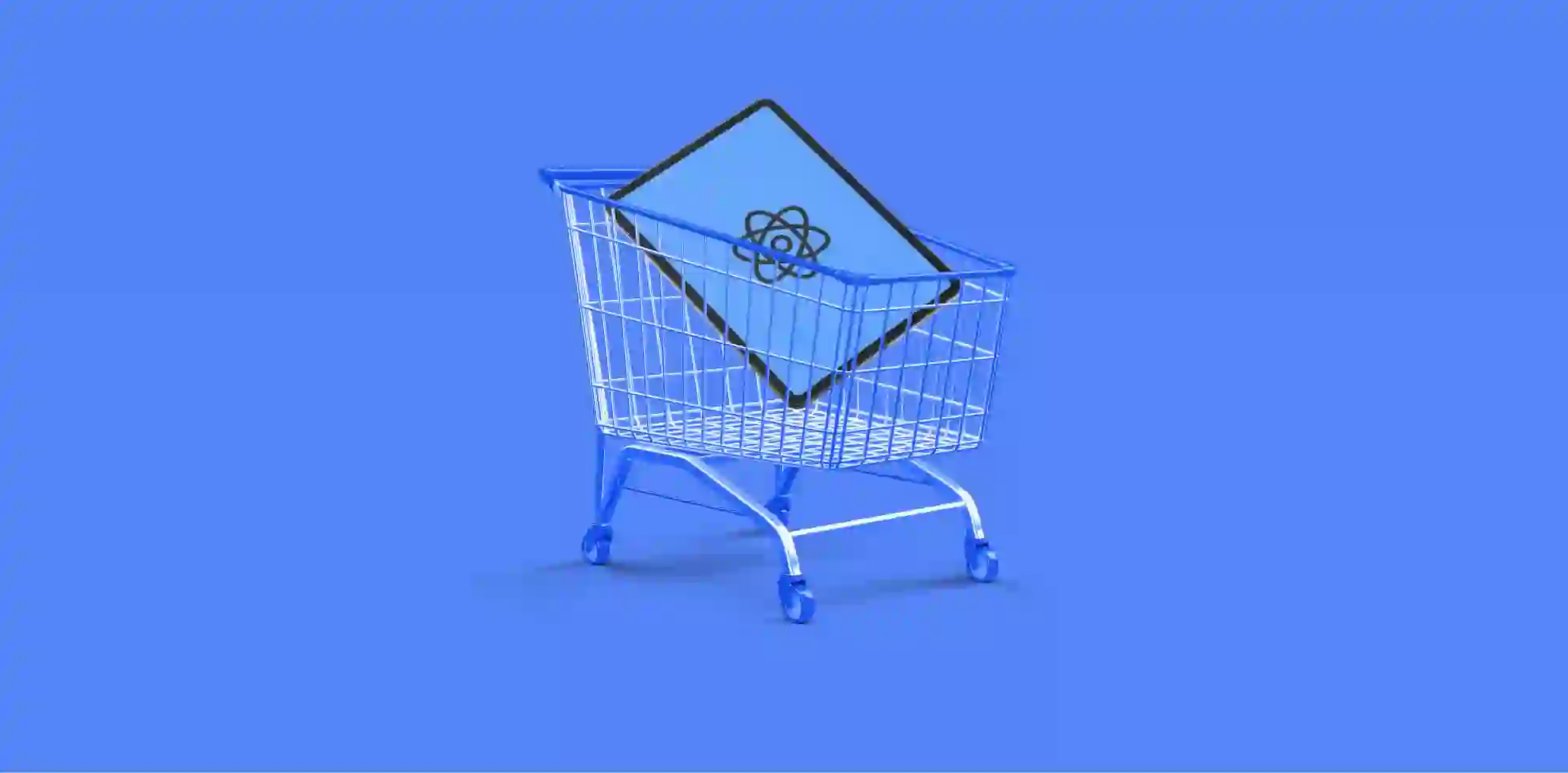 shopping cart and a poster with a data science icon on blue background